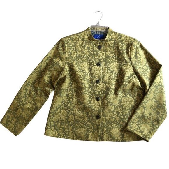 JH Collectible Tapestry Jacket Women Size XL Chartreuse Floral Brocade Mandarin - Picture 7 of 14